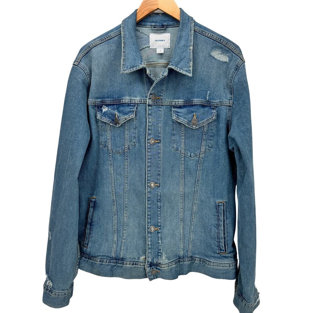 Old Navy Jean Jacket Womens XL Blue Denim Trucker Classic Distressed‎ Button Up